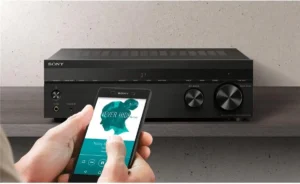 User controlling the Sony STRDH590 receiver using a smartphone.