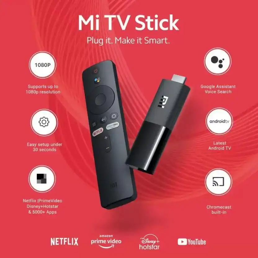 Mi TV Stick streaming device with Bluetooth remote, featuring 1080p resolution, Google Assistant, and Android TV support