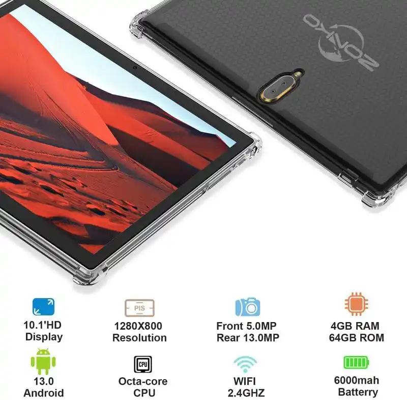 ZONKO 10.1-inch Android tablet showcasing HD display and specifications including 4GB RAM and 64GB storage