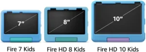 Amazon Fire Kids tablets in blue protective cases: 7-inch, 8-inch, and 10-inch screen comparisons