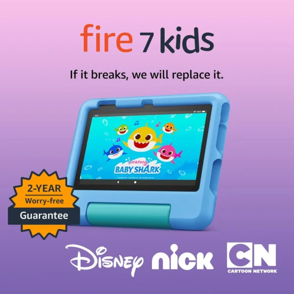 Amazon Fire 7 Kids tablet in a sturdy blue case with educational and entertaining content for ages 3-7