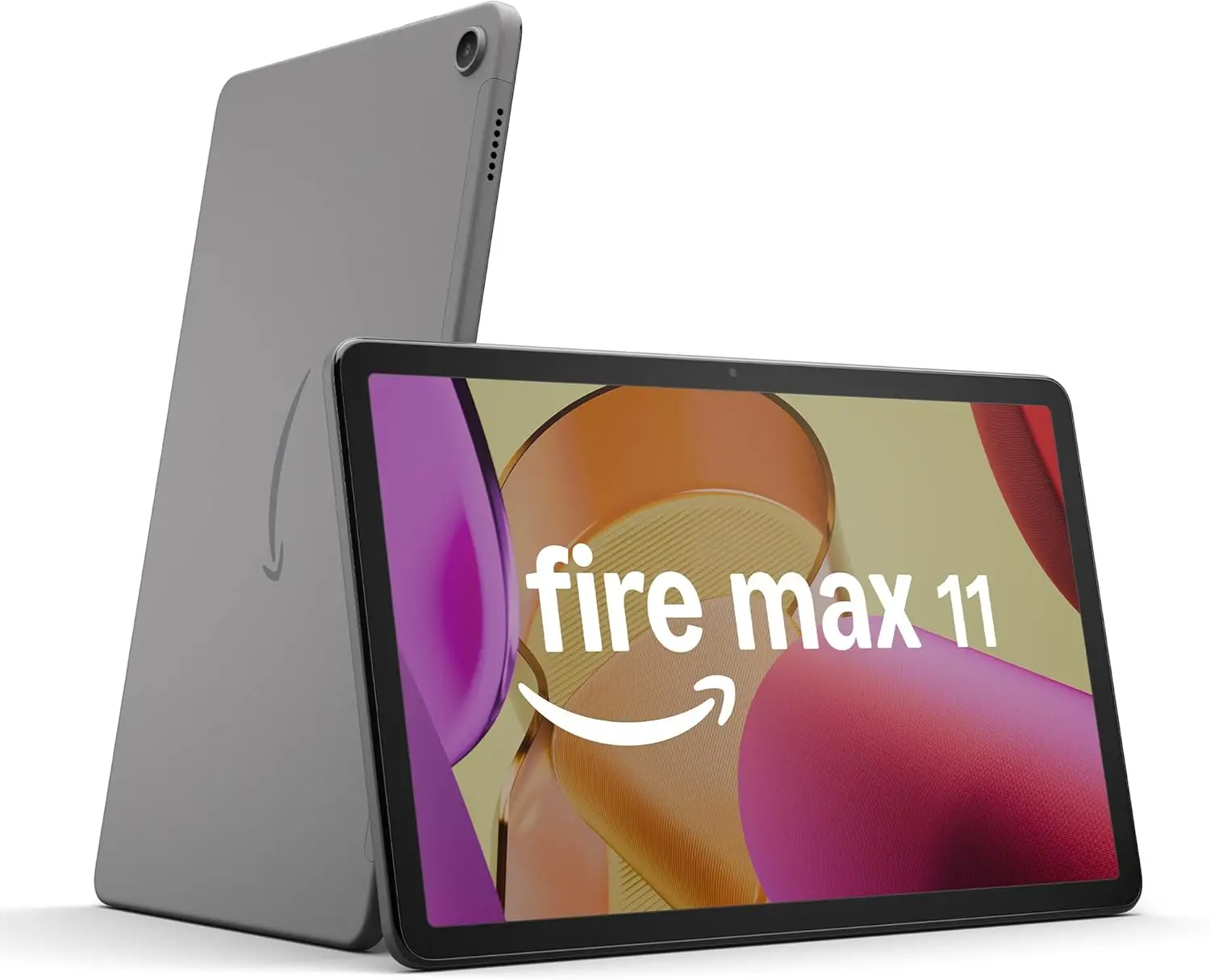 Amazon Fire Max 11 tablet in gray, featuring a sleek design with an 11-inch vibrant display, perfect for streaming, reading, and gaming