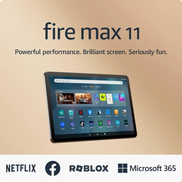 Amazon Fire Max 11 tablet with a vivid 11-inch display showcasing apps like Netflix, Facebook, and Microsoft 365, ideal for streaming, reading, and gaming