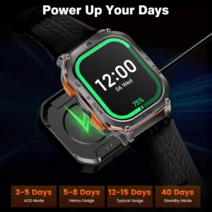 AMAZTIM military smartwatch with GPS, 6 satellite positioning, and a 2-inch AMOLED display on a wireless charger showing 75% battery level