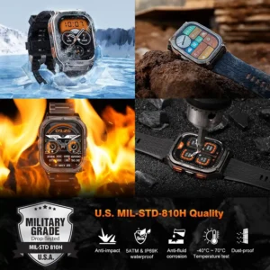 AMAZTIM military smartwatch showcasing U.S. MIL-STD-810H quality in extreme conditions: ice, fire, dirt, and high-impact testing