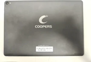 Back view of the COOPERS tablet showcasing its sleek black design and branding