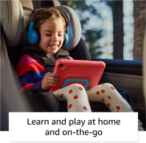 Child using Amazon Fire Kids tablet in a car seat, enjoying educational content on-the-go