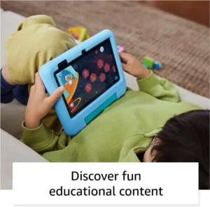 Child using Amazon Fire Kids tablet to explore educational content in space-themed game