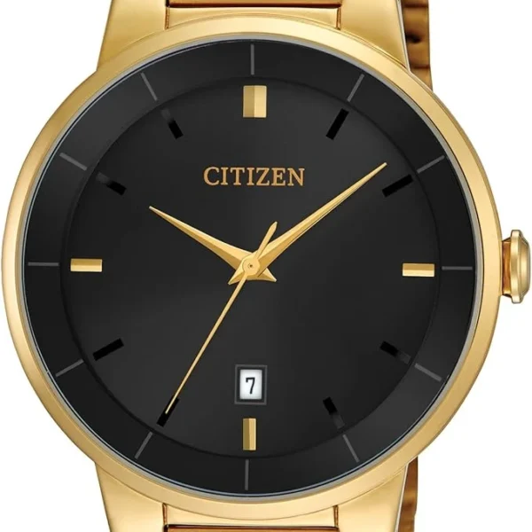 Citizen Quartz men's gold-tone stainless steel watch with a black dial and date display, model BI5012-53E