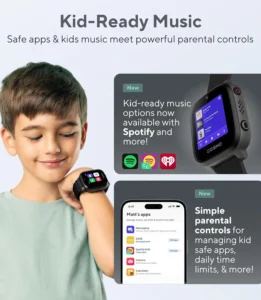 Kid wearing JrTrack 4 Smart Watch with Spotify and parental controls for safe music and app management