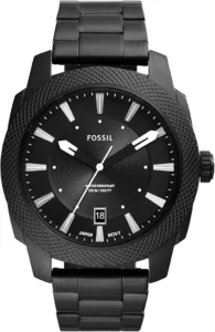 Sleek black Fossil Machine men's watch with stainless steel band and minimalist design