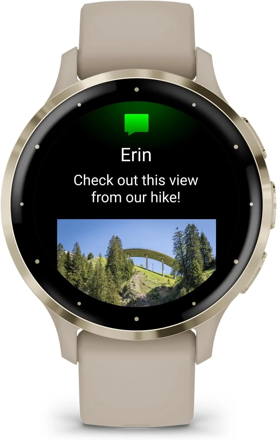 Garmin Venu 3S Smartwatch displaying message from Erin with photo from a hike