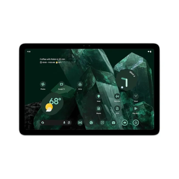 Google Pixel Tablet 11-inch screen with green crystal background