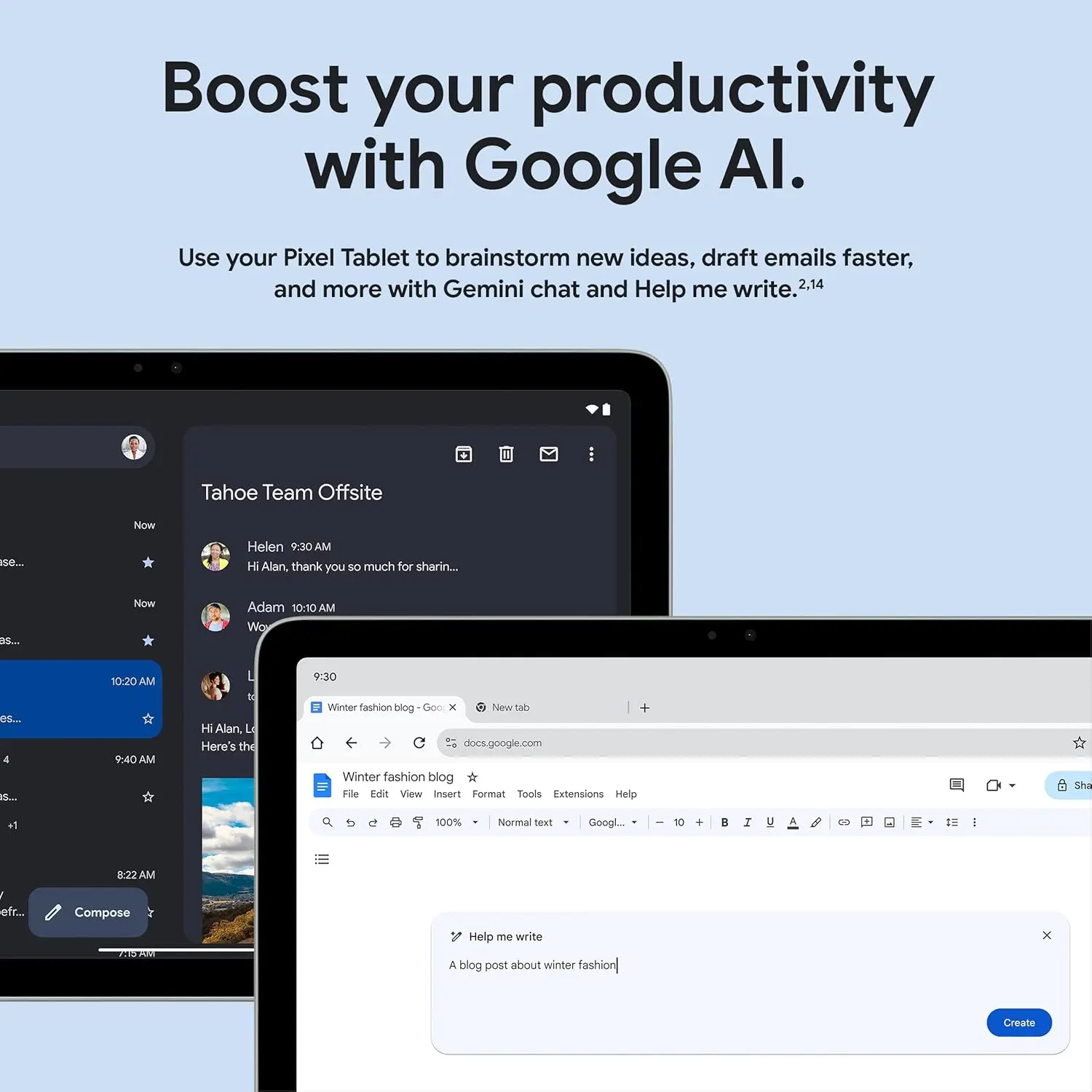 Google Pixel Tablet showcasing Google AI productivity tools and messaging app