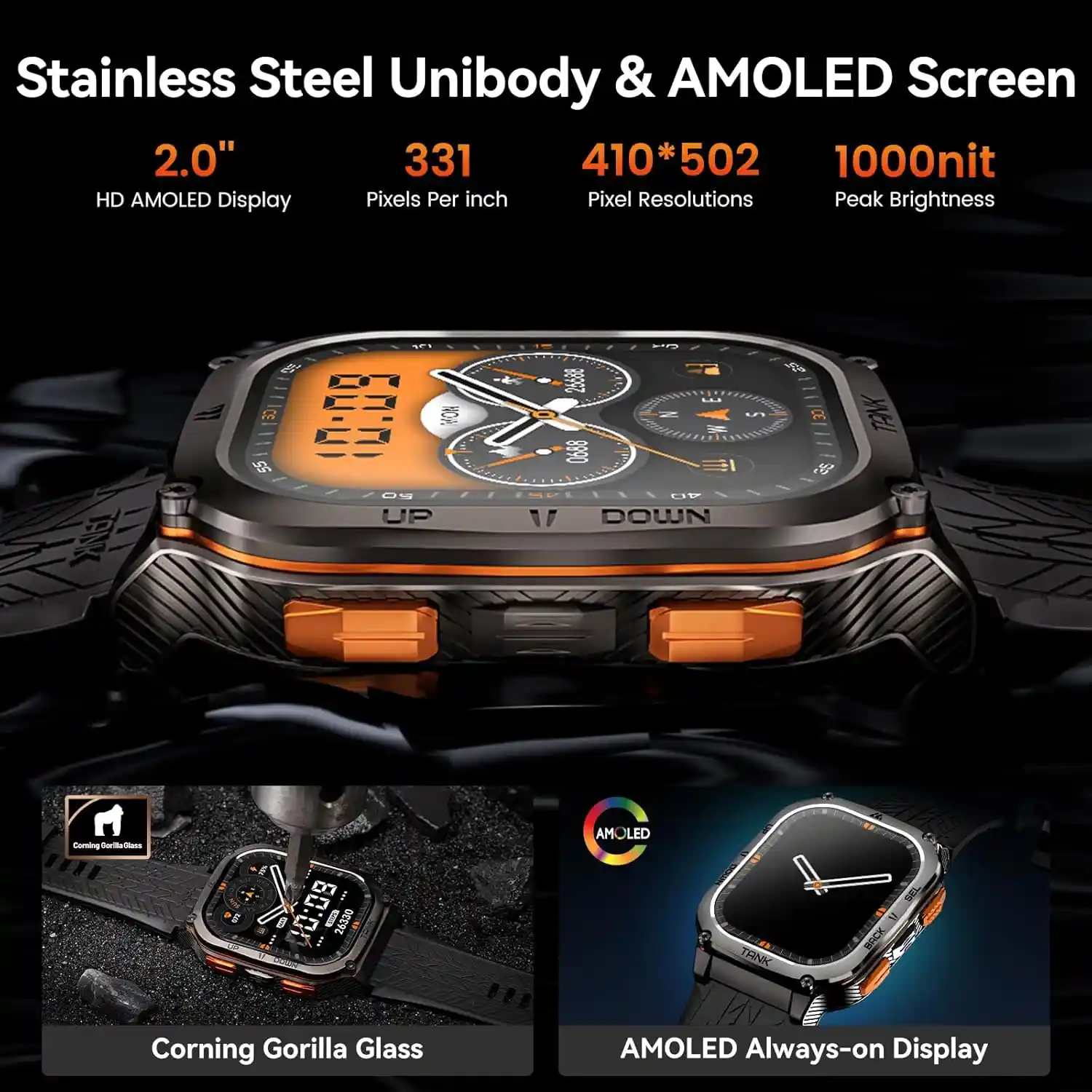 Stainless steel smartwatch with 2.0-inch AMOLED display, Corning Gorilla Glass, and 1000-nit brightness