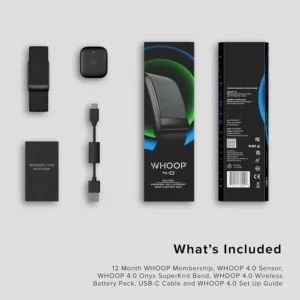 WHOOP 4.0 unboxing with sensor, band, charger, USB-C cable, and setup guide