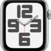 Apple Watch SE 44mm in silver aluminum case with bold numeric watch face and storm blue sport band
