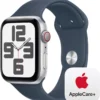 Apple Watch SE GPS + Cellular 44mm in silver aluminum case with storm blue sport band and AppleCare+ icon